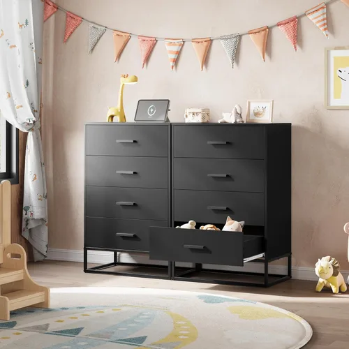 Vista 9 de WLIVE Cómoda negra para dormitorio con 4 cajones, cómoda alta con marco de metal resistente, cómoda de madera para armario, sala de estar, pasillo