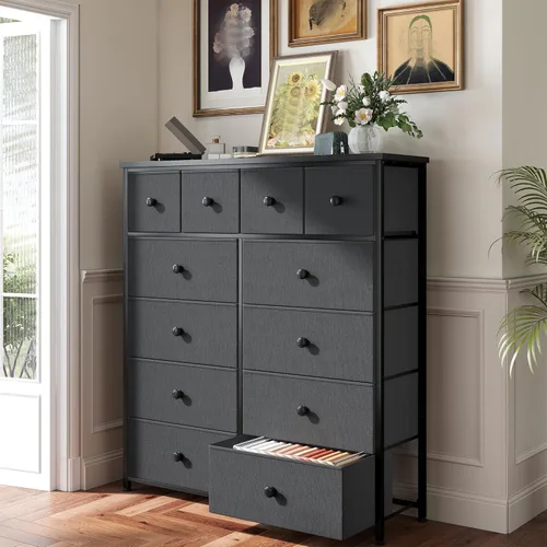 Vista 8 de Cómoda alta para dormitorio con 12 cajones, cómoda de tela y cómoda con marco de metal resistente, parte superior de madera, armario