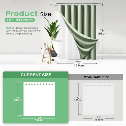 Vista 722 de Cortina de ducha de tela Dynamene verde oscuro - Cortinas de baño de tela de nido de abeja texturizadas resistentes, juego de cortinas de baño