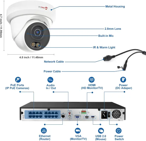 Vista 8 de Anpviz Sistema de cámara de seguridad PoE de 16 canales, 8 cámaras de torreta IP con cable de 5 MP para exteriores, visión nocturna, micrófono