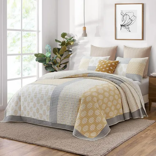 Vista 2 de KALOOLA Quilts - Juego de ropa de cama tamaño Queen 100 % algodón, edredón de retazos florales amarillo gris floral, colcha reversible ligera
