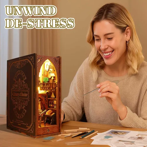 Vista 3 de Kisoy Kit de rincón de libros, rompecabezas de madera 3D, decoración de estantería, kit de casa en miniatura para adultos y adolescentes, mini casa