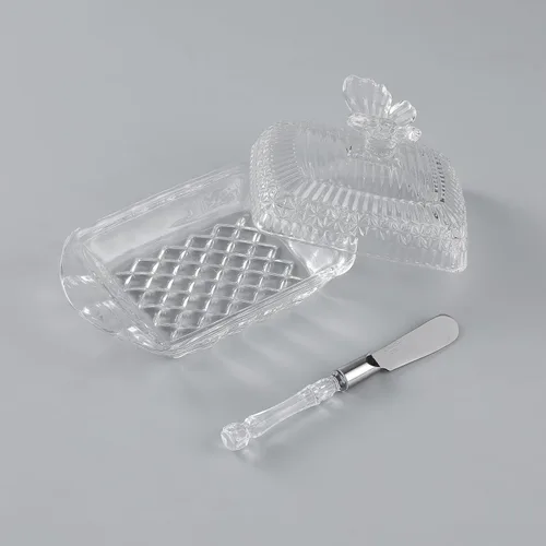Vista 3 de HOWOK - Mantequillera de cristal con tapa y cuchillo de mantequilla de acero inoxidable, mango de mariposa, cubierta gruesa, soporte