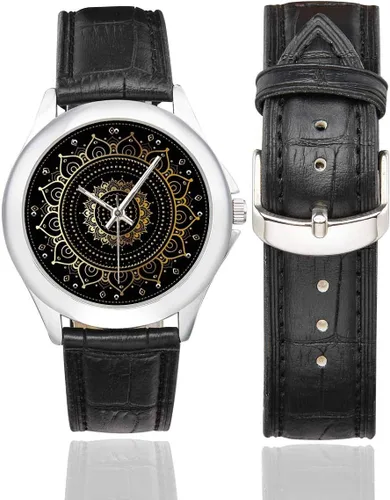 Vista 2 de Abstract Paisley Mandala Impermeable Reloj de Pulsera de Cuero Clásico de Acero Inoxidable para Mujer Negro