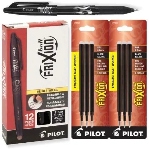 Pilot 31550 Frixion - Bolígrafos de tinta de gel negra borrable, 12 bolígrafos con 2 paquetes de recambios