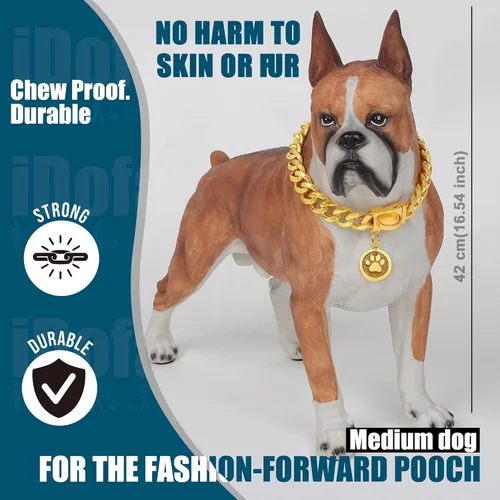 Vista 7 de Collar de cadena para perro, collar de perro de eslabones cubanos de oro de 0.551 in con hebilla a presión, collares de acero inoxidable chapado