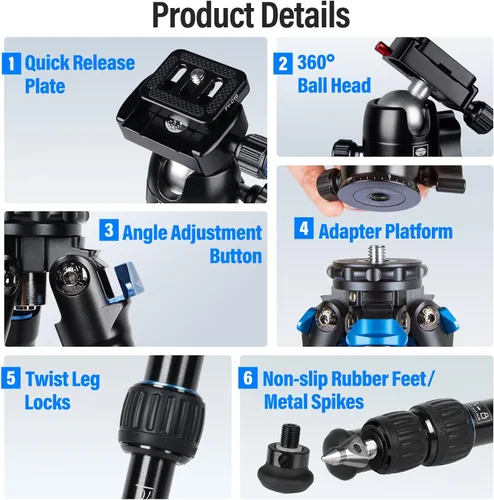Vista 9 de SIRUI AM203 Mini trípode de viaje con cabeza de bola B00K de 360°, trípode de aluminio ligero para viajes y uso de mesa, carga máxima de 20