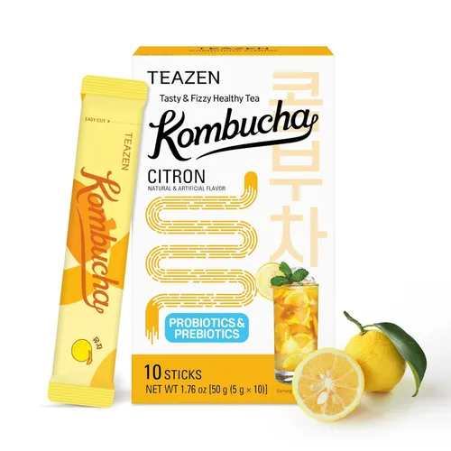 Vista 18 de TEAZEN Té de mango y guayaba y kombucha, mezcla de bebida hidratante, sin azúcar, probióticos vivos y prebióticos, 30 palitos, 5.29 onzas