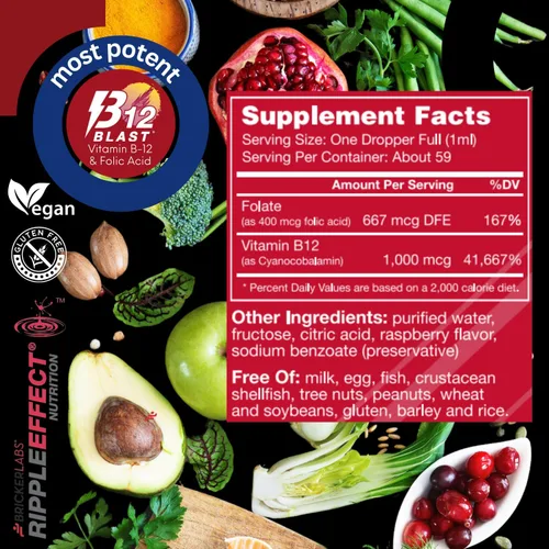 Vista 6 de Bricker Labs B-12 Blast Suplemento líquido de vitamina B12 y ácido fólico, apoya la producción de energía, suplemento dietético de vitamina B12