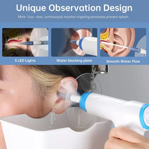 Vista 3 de Eliminación de cera de oídos, kit eléctrico de limpieza de oídos con luz, kit de riego de oídos con 4 modos de presión, kit de enjuague de oídos