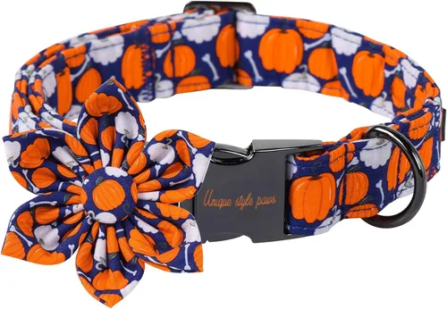 Collar de perro de Halloween de estilo único con arco de flores de Unique Style Paws, collar de calabaza de algodón para perros pequeños, medianos y