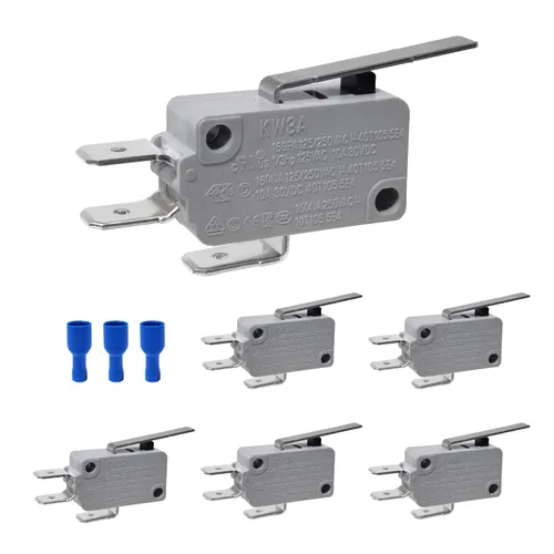 Vista 5 de 6 piezas de microinterruptor de límite SPDT con palanca de bisagra recta corta y acción de broche para Arduino, KW3A 16A 125/250V