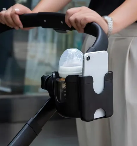 Vista 3 de Portavasos universal para cochecito con estante de almacenamiento para cochecitos de teléfono celular, soporte de bebida de rotación de 360 grados