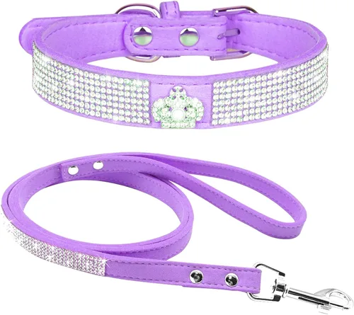 Vista 32 de Conjunto de collar y correa para perro y gato, material de piel de ante suave, deslumbrante y elegante con diamantes de imitación de cristal, collar