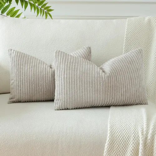 Vista 21 de OTOSTAR Juego de 2 fundas de almohada decorativas bohemias de 16 x 24 pulgadas, de pana suave, a rayas lisas, fundas de almohada lumbares para sofá