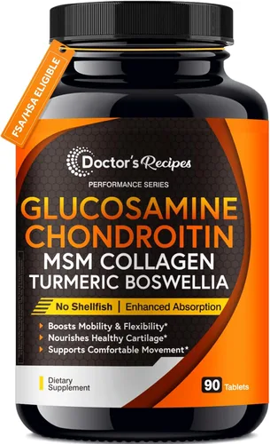 Doctor's Recipes Glucosamina condroitina MSM Quercetina de cúrcuma, con pimienta negra para alta absorción, sin mariscos, 90 tabletas