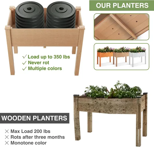 Vista 5 de Psilvam Cama de jardín elevada con patas, caja de maceta elevada de madera de polietileno, cama de jardín elevada al aire libre para patio trasero