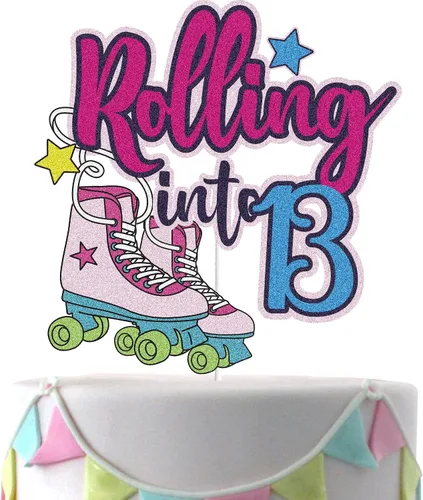 Decoración para tartas de 13 años, diseño de patín de 13 años, decoración para tartas de cumpleaños de 13 años de edad, colorido, retro, para niñas