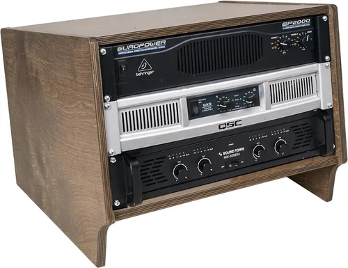 Vista 13 de Sound Town Estante de estudio de torreta de escritorio en ángulo de 4U con madera contrachapada maciza de abedul báltico, roble dorado, requiere