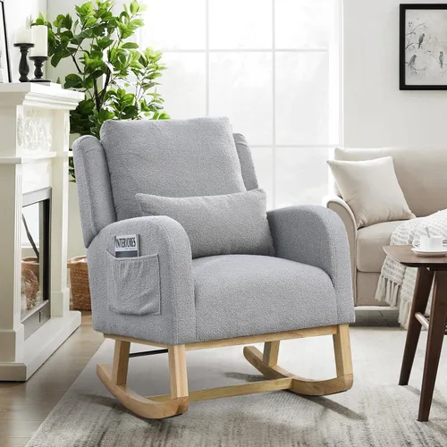 Vista 7 de JEEOHEY Mecedora para guardería, mecedora tapizada con respaldo alado, mecedora con respaldo alto cómodo, reposabrazos curvado, almohada lumbar