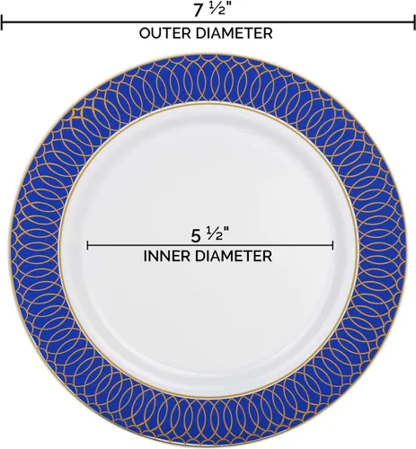 Vista 2 de Elegantes platos desechables de plástico para postre, 120 unidades, 7.25 pulgadas, color blanco elegante con platos azules para aperitivos