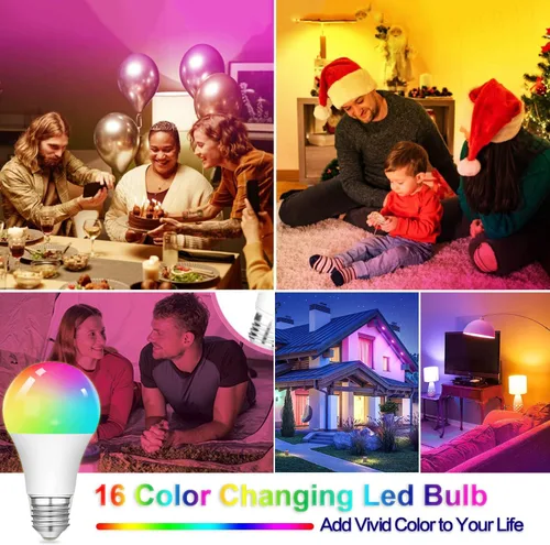 Vista 6 de Bombillas RGB que cambian de color, bombillas LED RGB de 9W, equivalentes a 40W, A19, E27/E26, blanco cálido 6500K, bombilla multicolor de 16