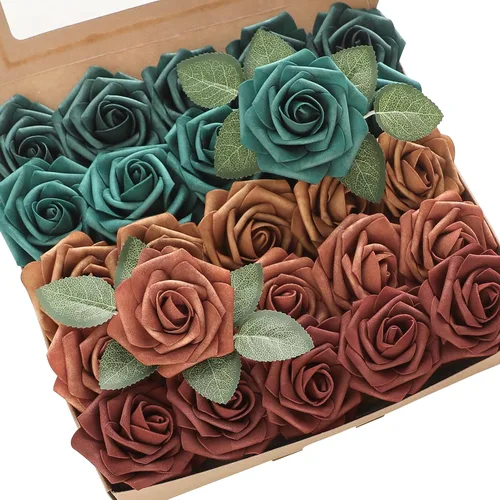 Floroom Flores artificiales, 25 piezas de rosas falsas de espuma de color verde azulado de aspecto real con tallos para bricolaje, ramos de boda,