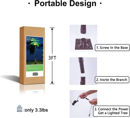 Vista 3 de Palmera artificial iluminada de 5 pies, 208 luces LED, decoración con cocos iluminados para exteriores, árbol falso con USB y adaptador