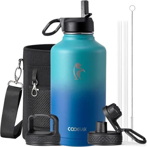Vista 51 de Coolflask Botella de agua de 24 onzas aislada con pajilla, 3 tapas de metal de acero inoxidable, botella de agua de boca ancha para deportes u