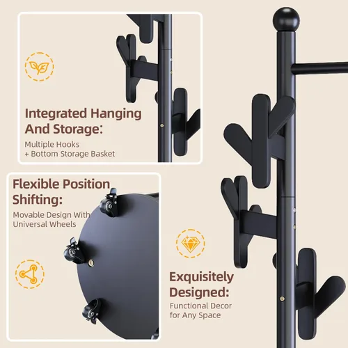 Vista 3 de CozyDH Wooden Coat Rack Stand with Umbrella Holder and Wheels, Freestanding Hall Tree Coat Hanger with Multi Hooks, Heavy Duty Coat Tree for