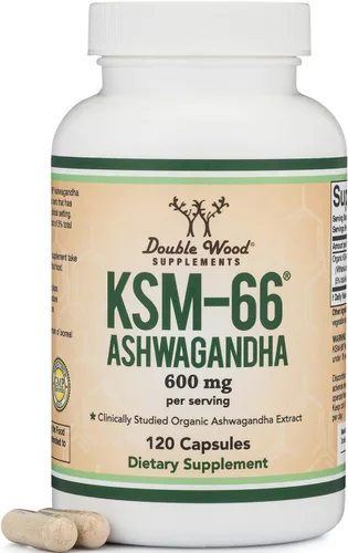 Double Wood Supplements Ashwagandha KSM 66 Extracto orgánico y clínicamente estudiado (600 mg por porción, 120 cápsulas, 60 porciones) Administrador