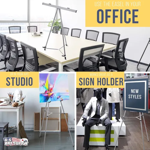 Vista 6 de U.S. Art Supply Caballete de aluminio plateado de 66 pulgadas de alto y soporte de presentación, para piso/mesa ajustable, trípode portátil, soporta