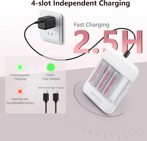 Vista 2 de Tanatare Baterías recargables AA, baterías recargables AA de litio de 2500 mWh con cargador de 8 AA+4 ranuras, doble batería de 2000 ciclos, salida