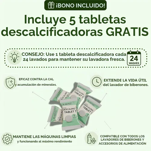 Vista 2 de Tabletas detergentes para lavar botellas, 120 unidades + 5 tabletas descalcificantes