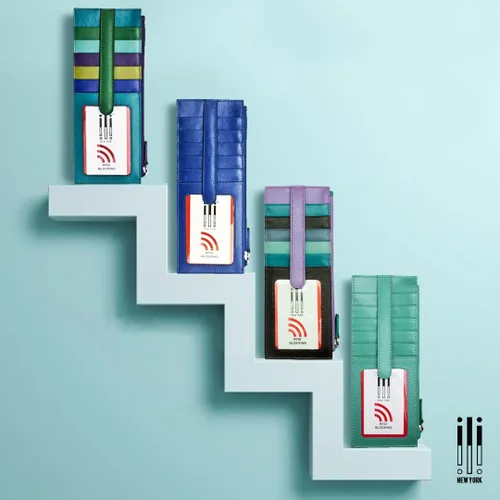 Vista 5 de ili New York Cartera larga delgada de doble cara, tarjetero con bloqueo RFID con ventana de identificación y bolsillo lateral con cremallera