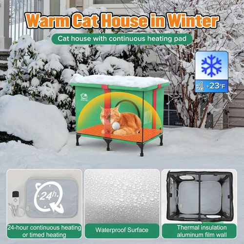 Vista 2 de Casa Calefaccionada para Gatos al Aire Libre, Refugio para Gatos Exterior Resistente a la Intemperie y Aislado con Almohadilla Calefactora