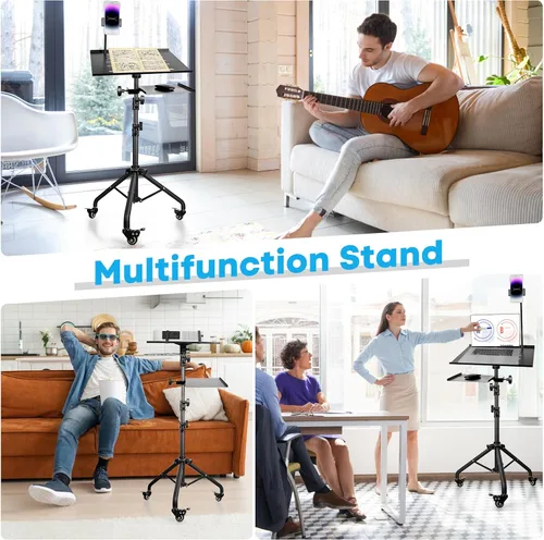 Vista 7 de Soporte portátil para laptop y proyector con soporte para teléfono y bandeja para mouse, soporte de trípode de altura ajustable para laptop