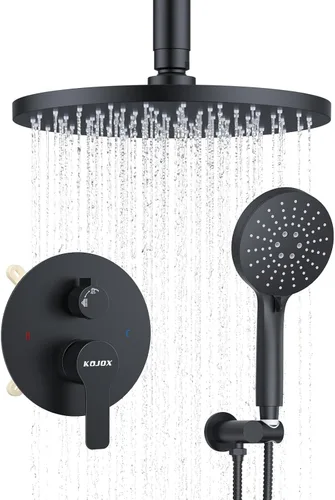 Vista 9 de KOJOX - Sistema de ducha de 10 pulgadas en oro cepillado con cabezal de ducha de lluvia de alta presión - Cabezal de ducha de mano de 3 ajustes