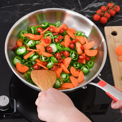 Vista 6 de Inqibee Sartén de acero inoxidable de tres capas de 10 pulgadas con tapa, sartén, sartén de inducción, resistente y apta para lavavajillas, mango