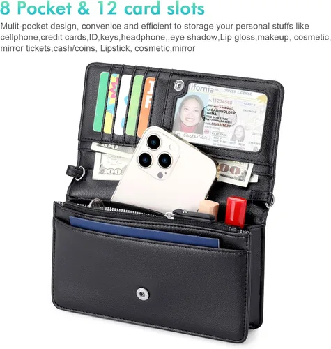 Vista 2 de nuoku Bolso bandolera pequeño para mujer, con ranuras para tarjetas RFID, 2 correas (máximo 6.5 pulgadas)