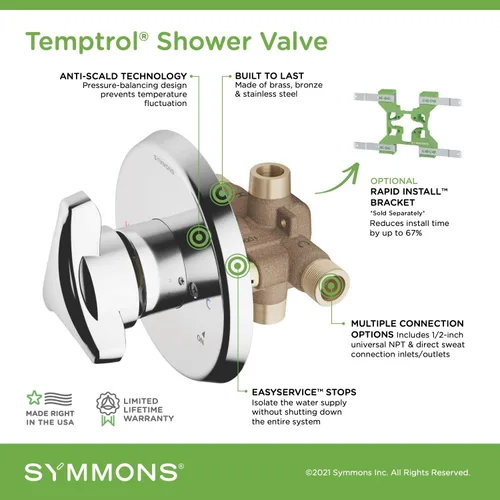 Vista 3 de Symmons 261XBODY Temptrol - Válvula de ducha con equilibrio de presión de latón con topes de servicio