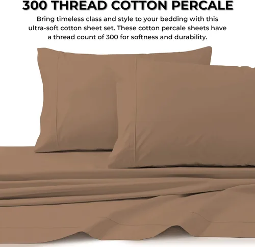 Vista 4 de Tribeca Living Juego de sábanas y fundas de almohada de algodón percal de algodón fresco y suave, bolsillo extra profundo, 300 hilos, ropa de cama