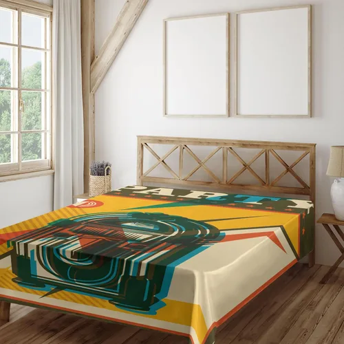 Vista 2 de Ambesonne Jukebox Flat Sheet, Digital Retro Print Party Themed Old Antique Music Radio, Soft and Comfortable Top Sheet Decorative Bedding 1 Piece