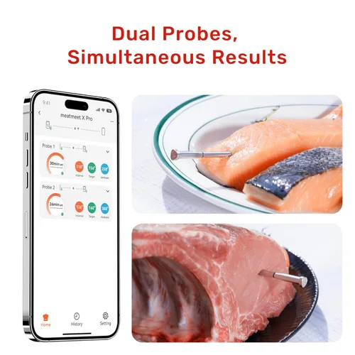Vista 4 de Termómetro inalámbrico Meatmeet X Pro para carne con Wi-Fi dual y Bluetooth, termómetro digital para carne con 2 sondas y base de pantalla LED, 6