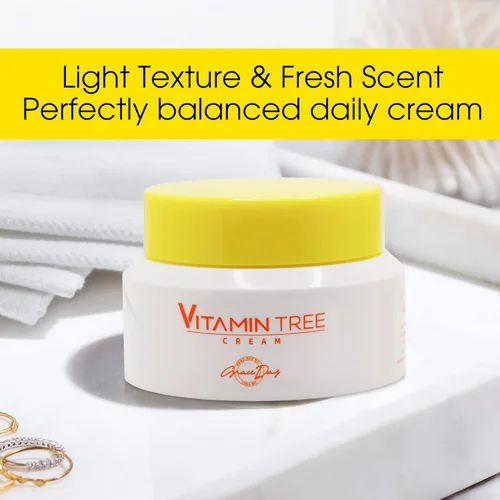 Vista 4 de Crema vegana 100% certificada para árbol de vitaminas. Contiene vitamina C, provitamina B5, vitamina E y B3. Eficaz contra el acné y las manchas