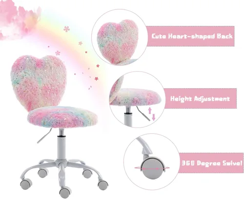 Vista 30 de chairus Silla de escritorio para niños, silla de estudio de piel sintética para adolescentes, silla de tocador ajustable en forma de corazón