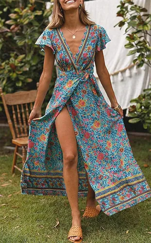 Vista 2 de ZESICA - Vestido para mujer, diseño floral bohemio, cuello en V, manga corta