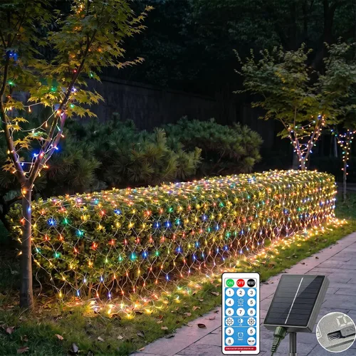 LitHome Red solar de 11.5 x 5 pies, impermeable, 240 luces LED solares y USB, control remoto, 8 modos de luz de malla para arbustos, jardín, césped