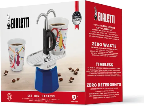 Vista 3 de Bialetti - Mini Express Kandinsky: El juego Moka incluye cafetera 2 tazas (2.8 Oz) + 2 vasos de chupito, azul claro, aluminio