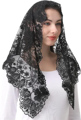 Bozidol Velo de mantilla triangular para mujer estilo español bordado de camelia bufanda de encaje con flecos para misa latina